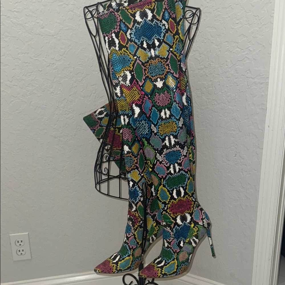 Colorful Snake Print Thigh-High Boots